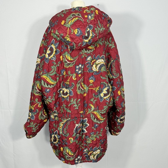 Vintage The Limited Quilted Silk Coat Womens L Large Red Floral Paisley Hooded - Picture 5 of 10